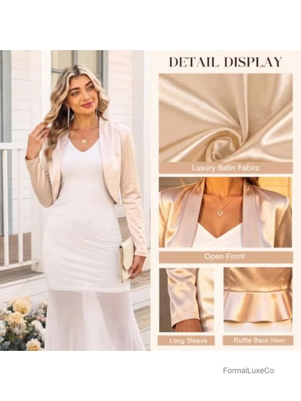 Satin Long Sleeve Bolero Shrug Open Front Ruffle Hem Formal Jacket